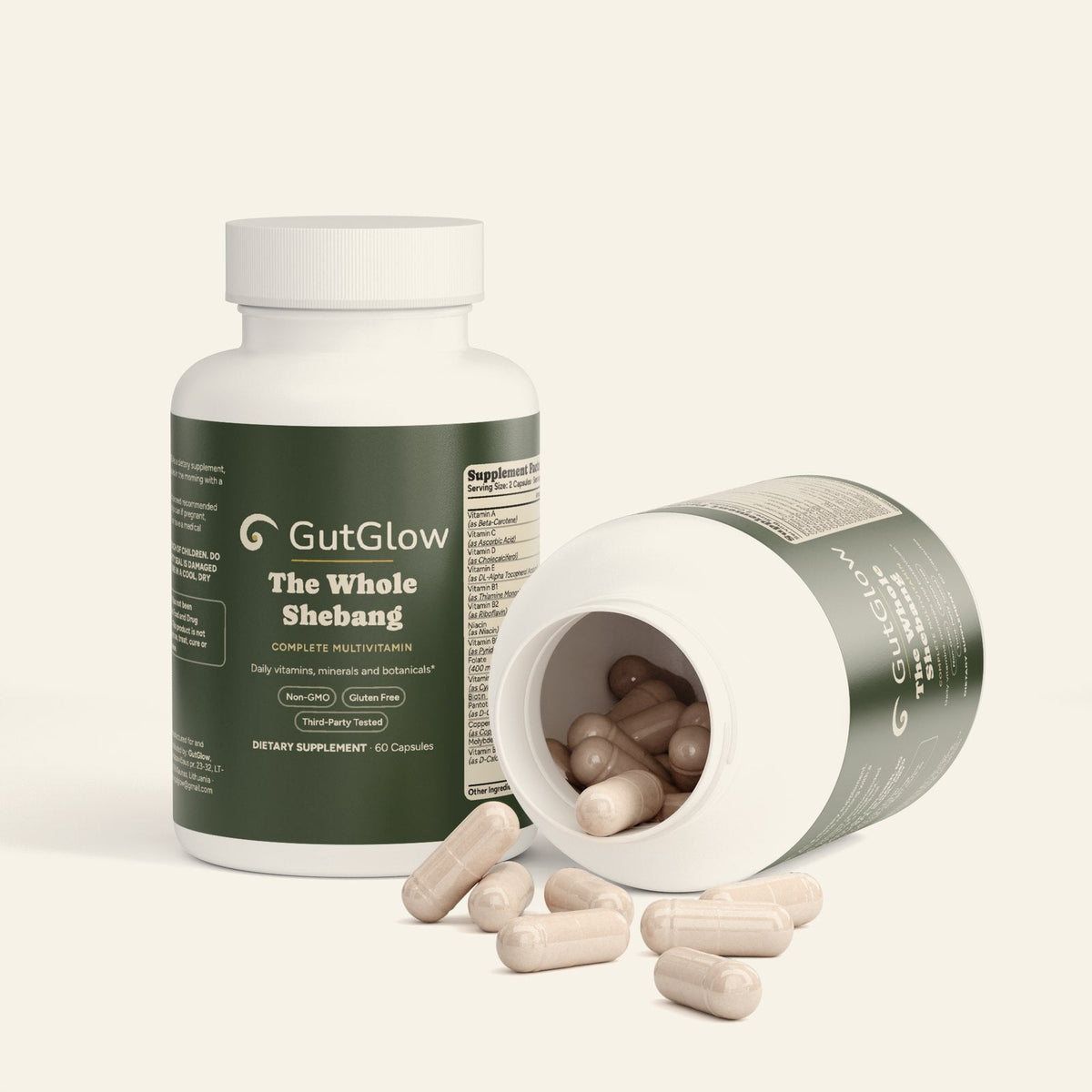 GutGlow Complete Multivitamin - open bottle with capsules