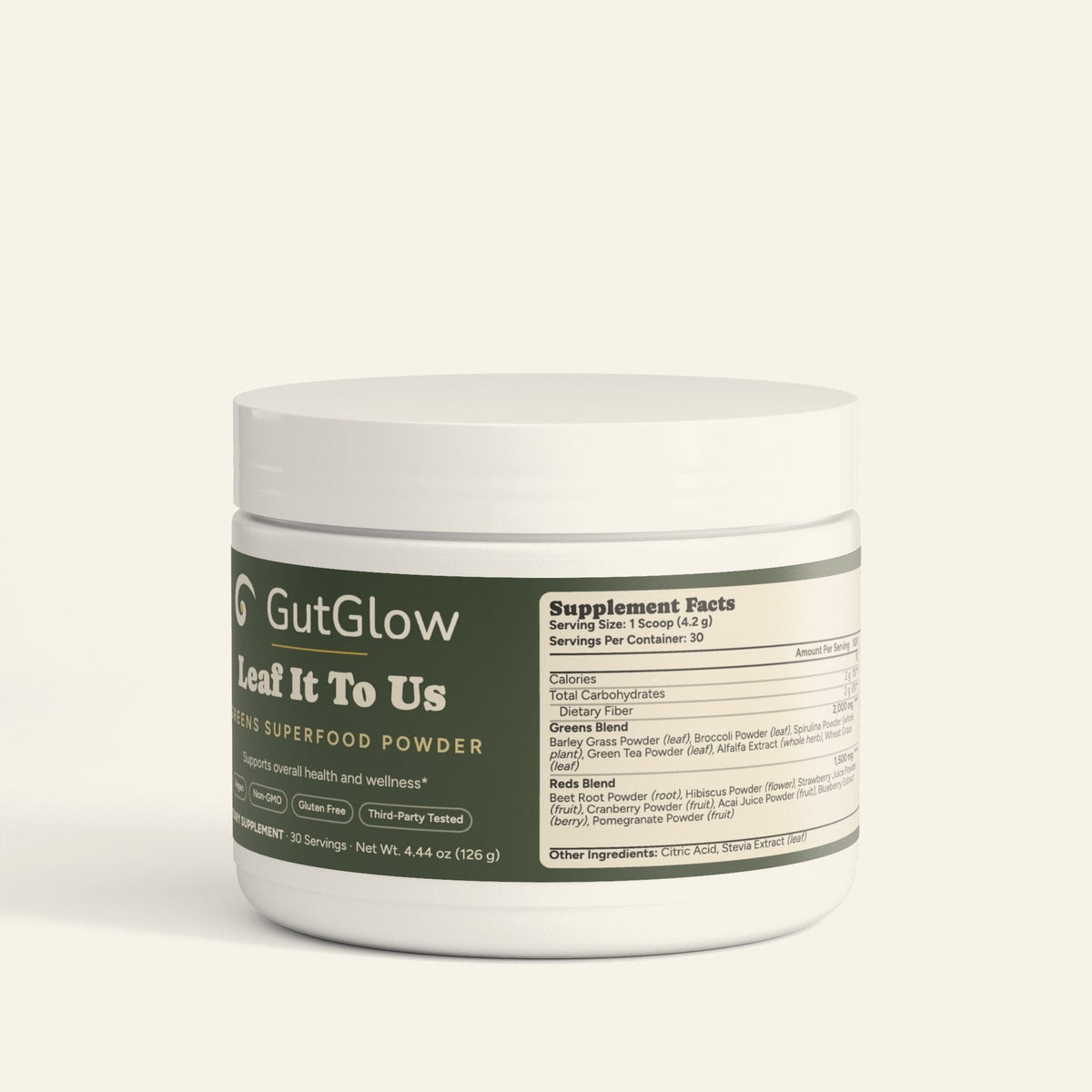GutGlow Leaf It To Us Greens Superfood - front of tub