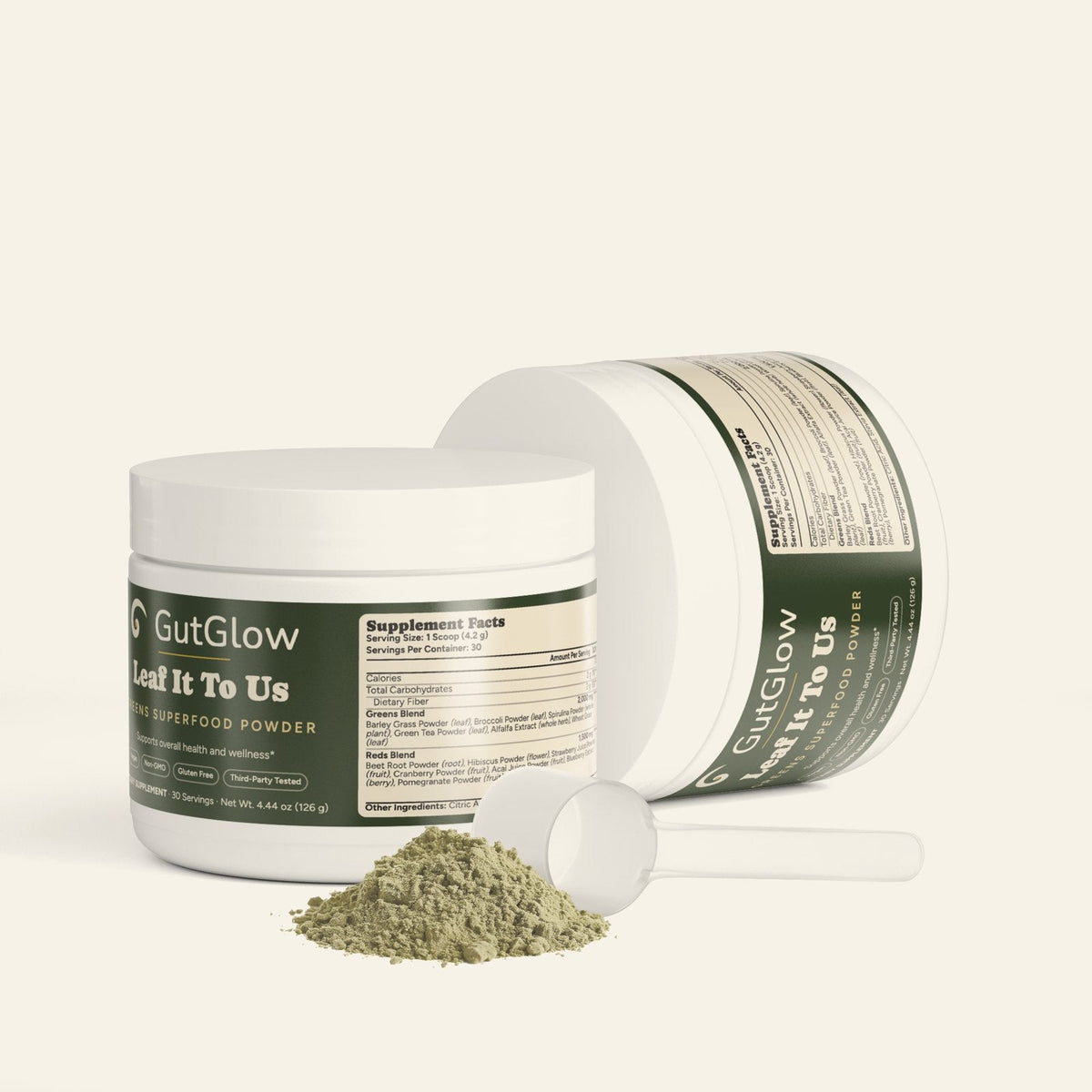 GutGlow Leaf It To Us Greens Superfood - open tub with scoop