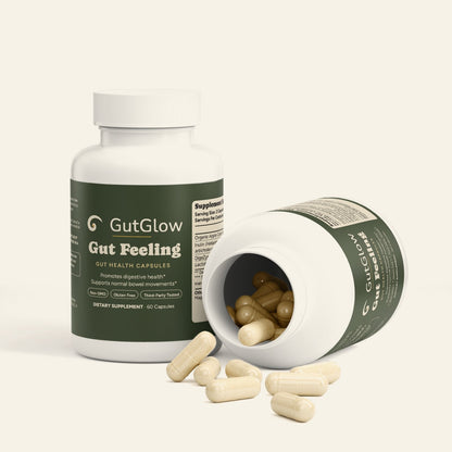 GutGlow Gut Health - open bottle with capsules