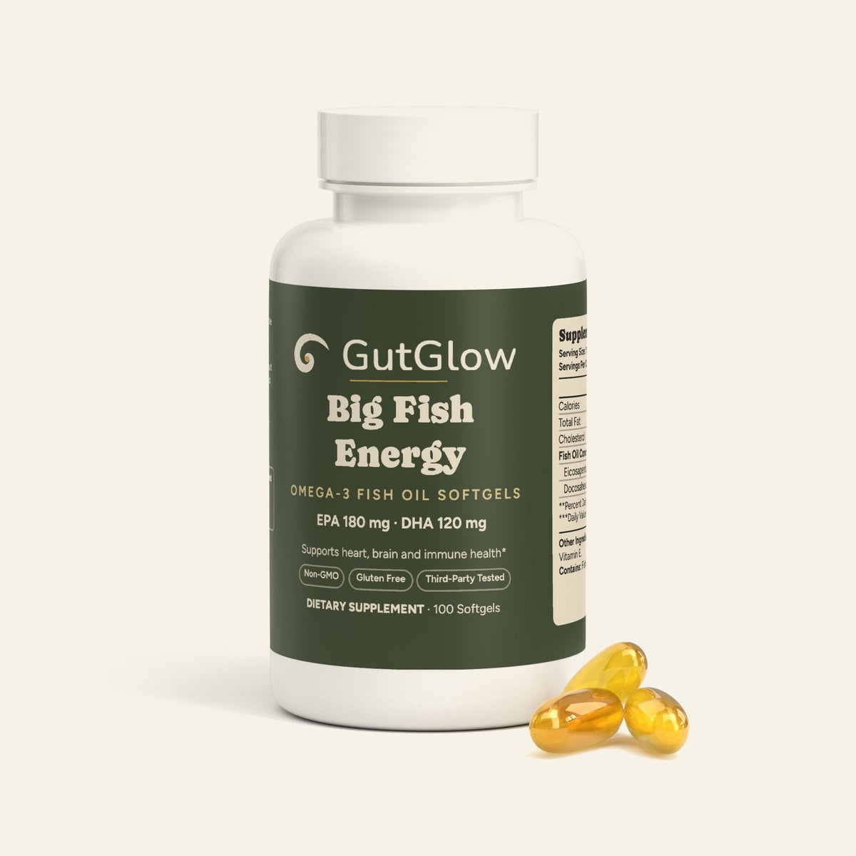 GutGlow Omega-3 fish oil - bottle with softgels