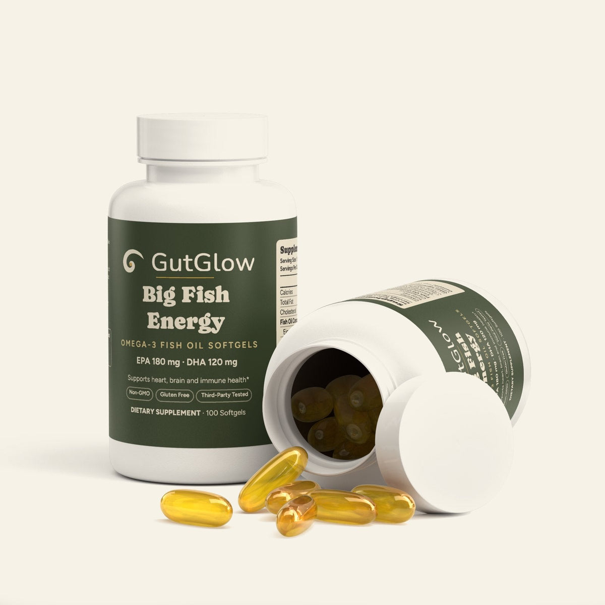 GutGlow Omega-3 fish oil - open bottle with softgels