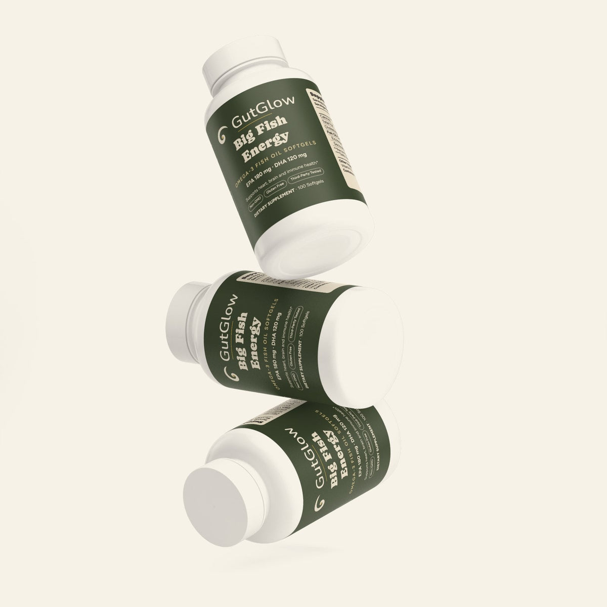 GutGlow Omega-3 fish oil - bottles in motion