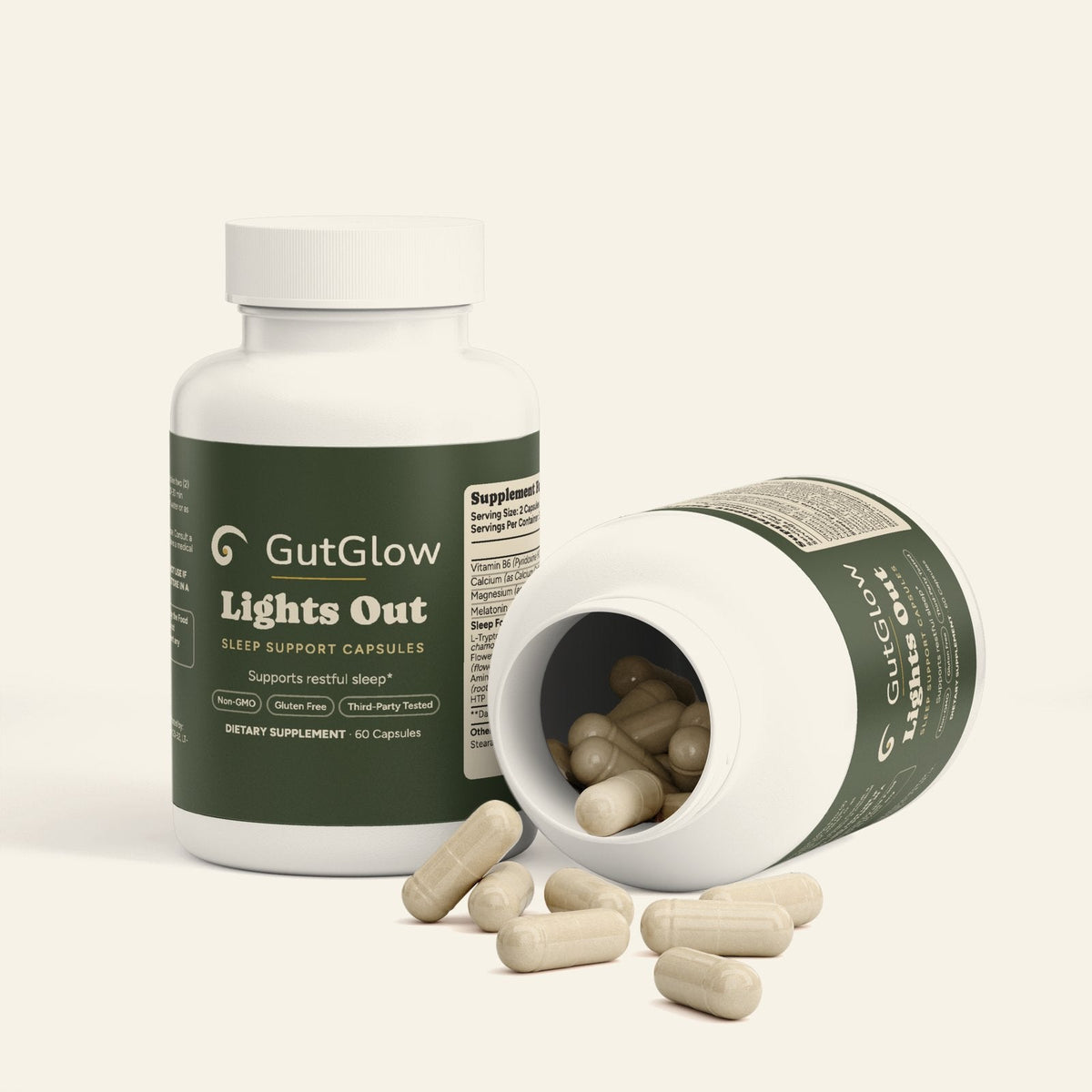 GutGlow Sleep Support - open bottle with capsules